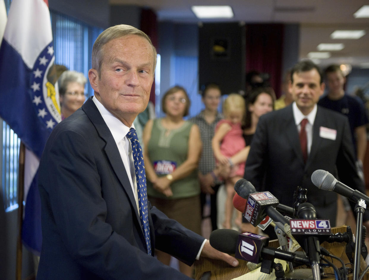 FILE - In this Aug. 24, 2012, file photo, U.S. Rep. Todd Akin, R-Mo., gives a news conference where he confirmed his plans to remain in Missouri's U.S. Senate race despite a political uproar over remarks he made about rape and pregnancy. Akin, whose comment that women's bodies have a way of avoiding pregnancies in cases of "legitimate rape" sunk his bid for the U.S. Senate and became a cautionary tale for other GOP candidates, has died. He was 74. (AP Photo/Sid Hastings, File)