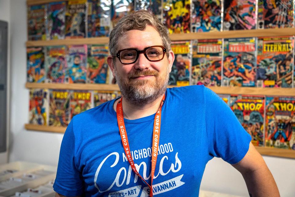 Fuzzy Needle Records Owner Chris Cowgill at Neighborhood Comics on Free Comic Book Day in 2022.