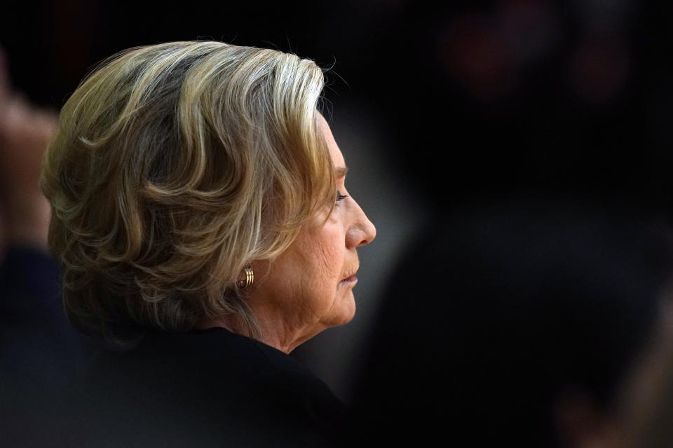 Former US secretary of state Hillary Clinton listens to speakers during the international conference to mark the 25th anniversary of the Belfast/Good Friday Agreement, at Queen's University Belfast, in Belfast, Wednesday April 19, 2023. (Niall Carson/Pool Photo via AP)