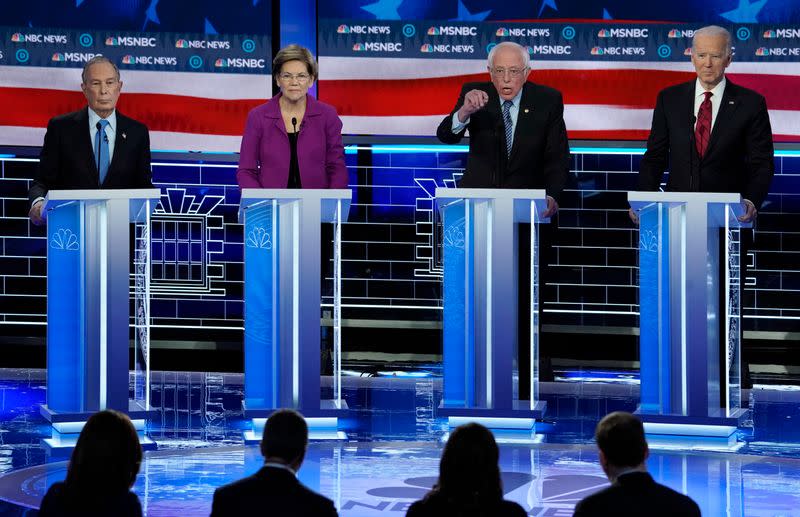 Michael Bloomberg, Elizabeth Warren, Bernie Sanders and Joe Biden at the ninth Democratic 2020 U.S. Presidential candidates debate at the Paris Theater in Las Vegas