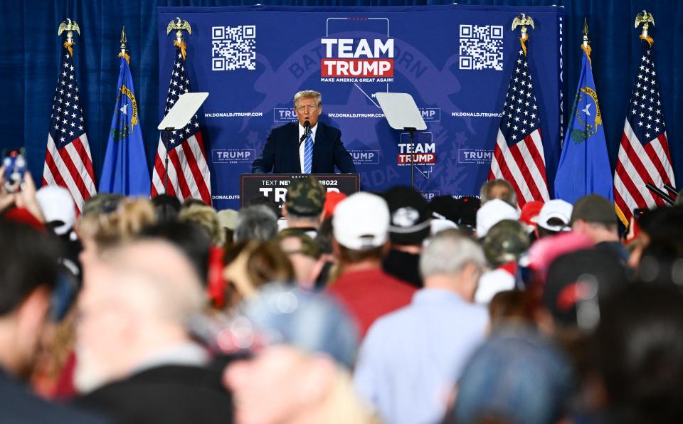 Former US President and 2024 presidential hopeful Donald Trump speaks at a Commit to Caucus Rally in Las Vegas, Nevada, on Jan. 27, 2024.