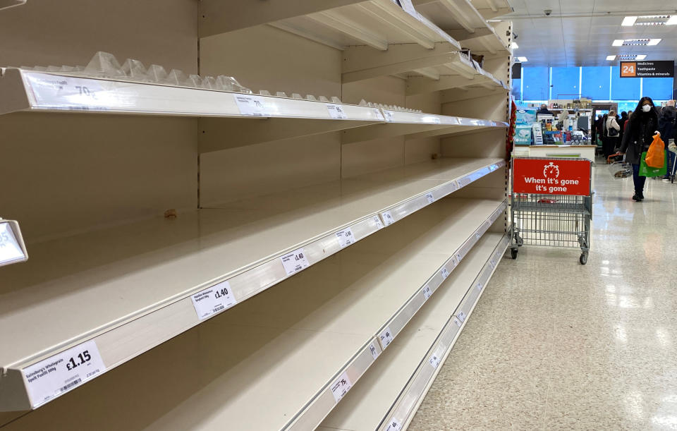 Empty shelves inside a Sainsburys supermarket in Watford as the spread of the coronavirus disease (COVID-19) continues, Watford, Britain, March 19, 2020. REUTERS/Paul Childs