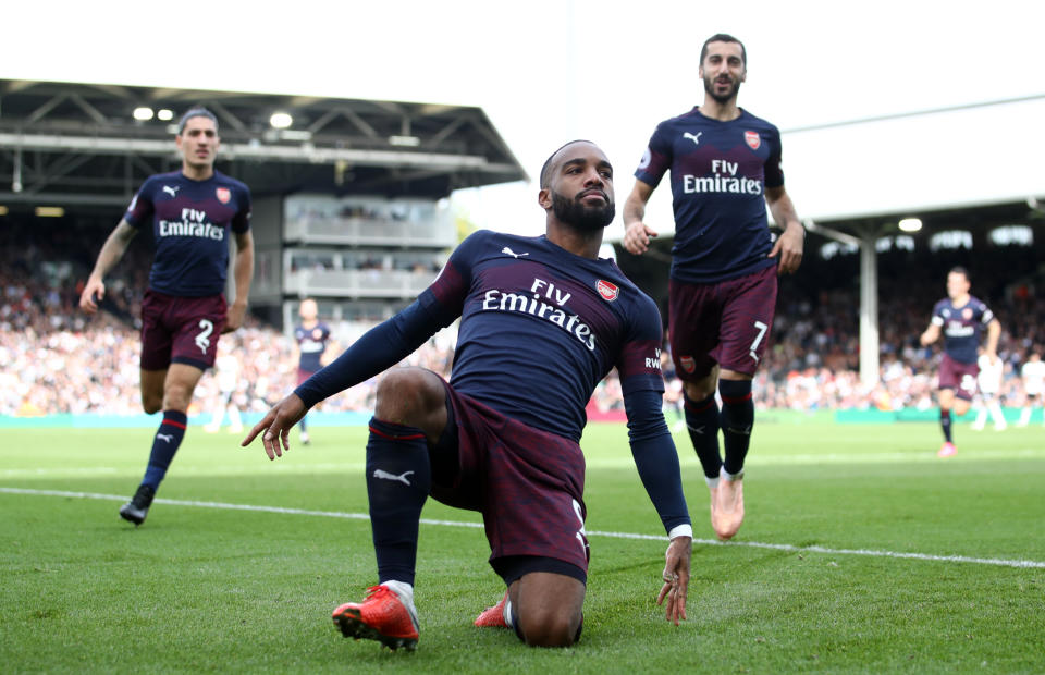 Lacazette celebrates his second goal as Fulham were put to the sword in the second half