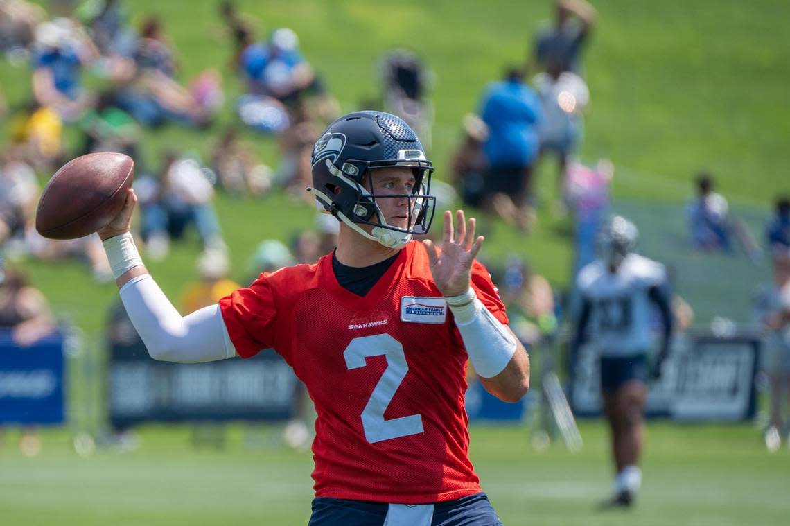 Seattle Seahawks quarterback Drew Lock practices his throws during the first day of training camp at the Virginia Mason Athletic Center on July 27, 2022.