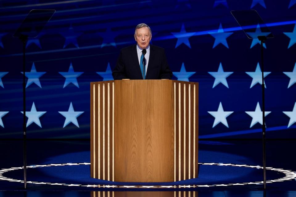 PHOTO: Sen. Richard Durbin speaks onstage during the first day of the Democratic National Convention, Aug. 19, 2024, in Chicago. (Chip Somodevilla/Getty Images)