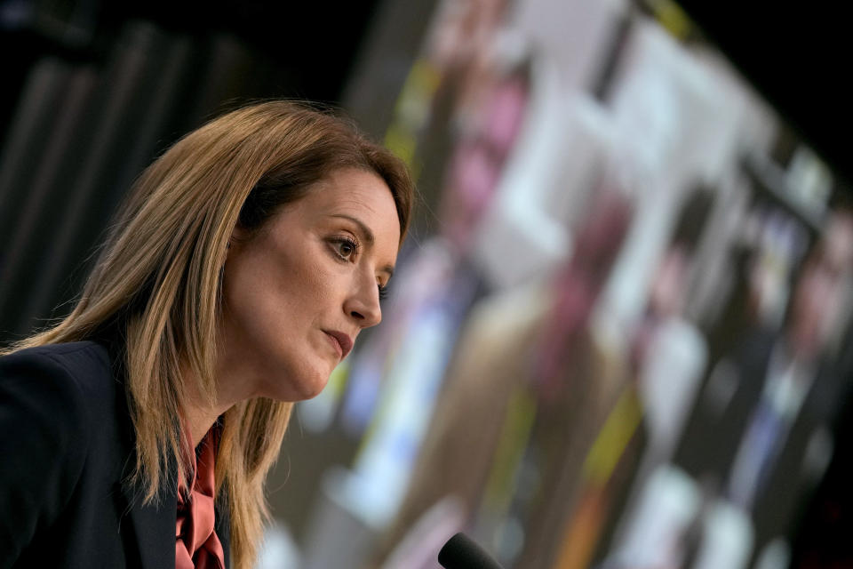 European Parliament President Roberta Metsola speaks during a media conference at an EU summit in Brussels, Thursday, Dec. 15, 2022. EU leaders meet for a one day summit on Thursday to discuss Ukraine and further measures to contain energy prices hikes in the European Union. (AP Photo/Virginia Mayo)