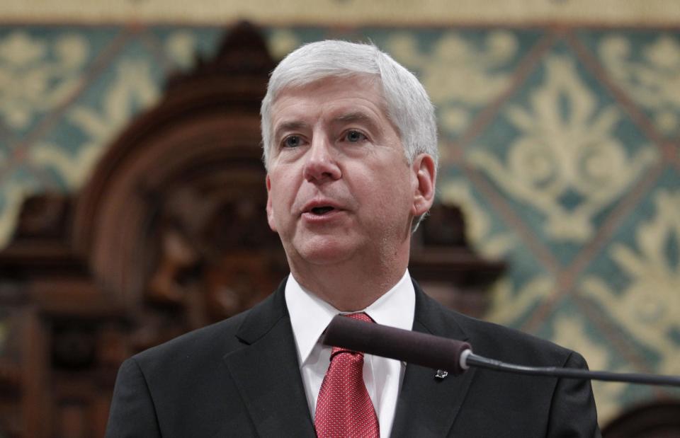 Michigan Gov. Rick Snyder delivers his State of the State address to a joint session of the House and Senate, at the state Capitol in Lansing, Mich. Snyder has released some, but not all, of his government emails related to Flint’s water emergency. (Al Goldis/AP Photo)