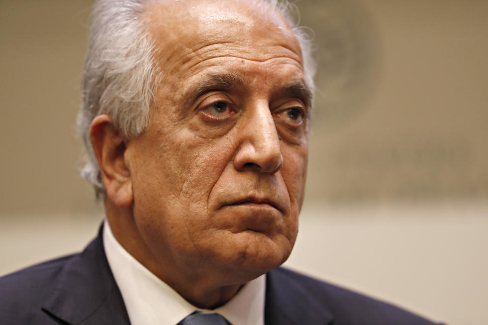 Special Representative for Afghanistan Reconciliation Zalmay Khalilzad pauses while speaking about the prospects for peace, Friday, Feb. 8, 2019, at the U.S. Institute of Peace, in Washington. (AP Photo/Jacquelyn Martin)