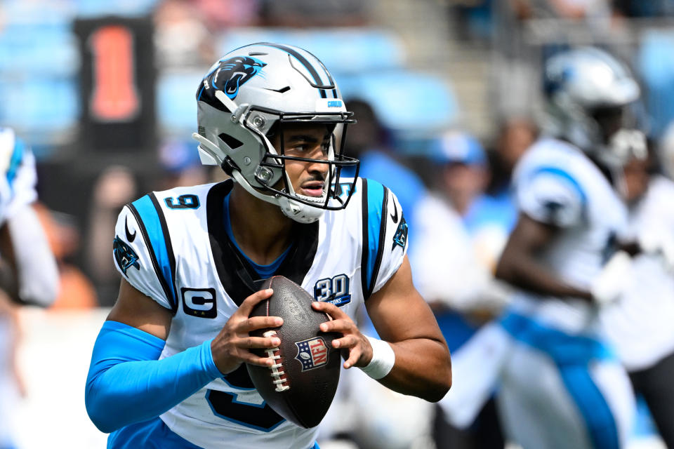 Sep 15, 2024; Charlotte, North Carolina, USA; Carolina Panthers quarterback Bryce Young (9) attempts to pass during the third quarter at Bank of America Stadium. Credit: Bob Donnan-Imagn Images