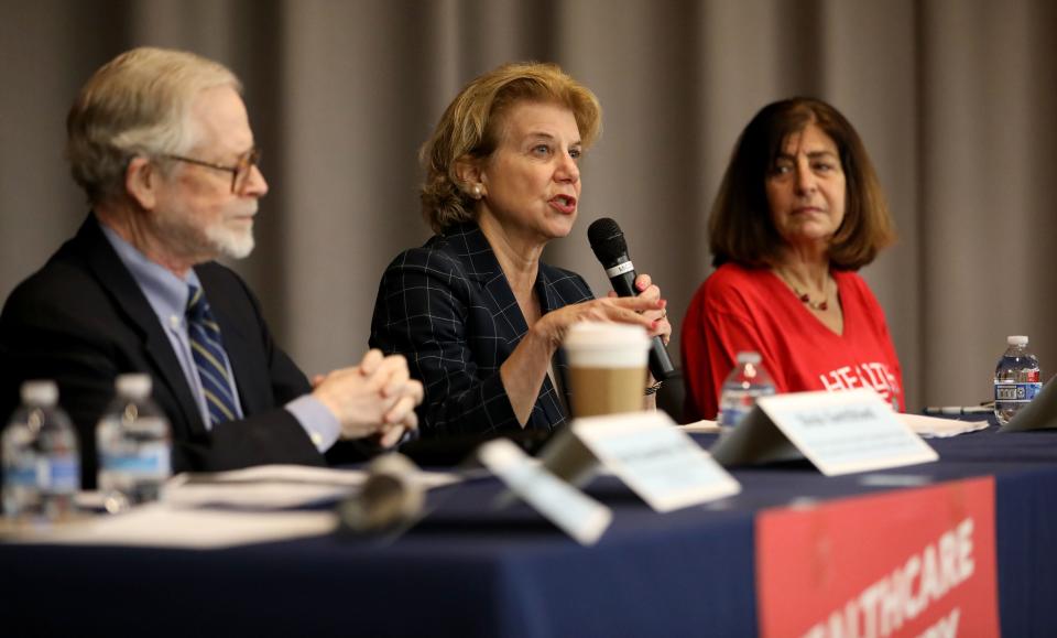 New York Senator Shelley Mayer, 37th district, delivers remarks during a town hall meeting on the New York Health Act at the Yonkers Public Library - Grinton I. Will branch, April 27, 2024.