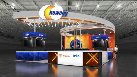 Newegg will be exhibiting at COMPUTEX 2024 in Taipei, Taiwan, with a booth equipped with ABS AI-enabled PCs and the SellingPilot SaaS marketplace management platform.  (stand rendering: Newegg)