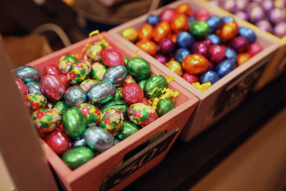 Chocolate foil eggs sit on a counter at Samuel's Sweet Shop in Rhinebeck, April 13, 2019. The shop is celebrating it's 25th anniversary this month.