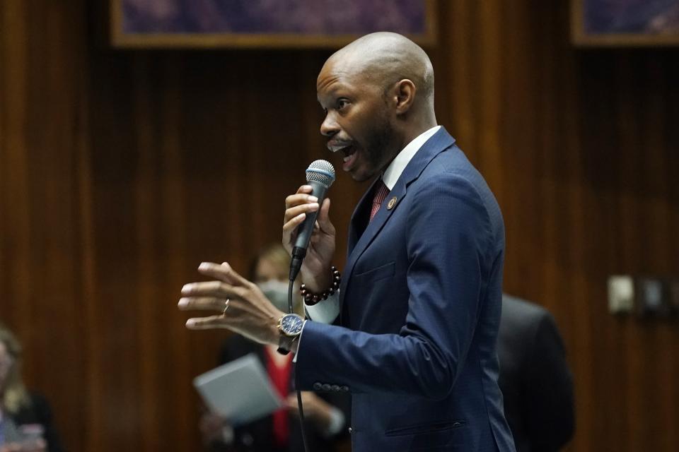 House Minority Leader Reginald Bolding, D-Laveen, explains his "no" vote during a vote on the Arizona budget at the Arizona Capitol Thursday, June 24, 2021, in Phoenix. (AP Photo/Ross D. Franklin)