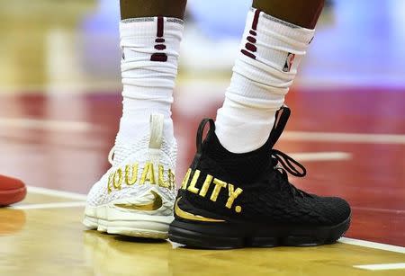 Dec 17, 2017; Washington, DC, USA; Cleveland Cavaliers forward LeBron James (23) wears Equality shoes against the Washington Wizards during the first half at Capital One Arena. Mandatory Credit: Brad Mills-USA TODAY Sports