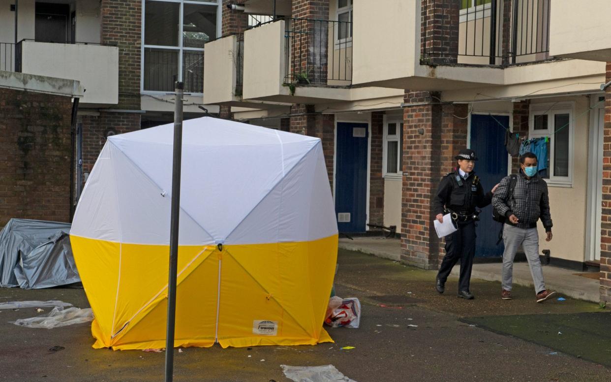 A police forensic tent at the murder scene in Wisbeach Road, Croydon - Grant Falvey/LNP/London News Pictures Ltd