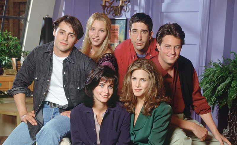 Pictured: (clockwise from bottom left) Courteney Cox Arquette as Monica Geller, Matt LeBlanc as Joey Tribbiani, Lisa Kudrow as Phoebe Buffay, David Schwimmer as Ross Geller, Matthew Perry as Chandler Bing, Jennifer Aniston as Rachel Green — (Photo by Reisig & Taylor/NBCU Photo Bank/NBCUniversal via Getty Images via Getty Images)