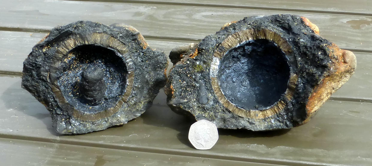 A close up of the grenade from the Schiedam, a ship captured by pirates and in turn the Royal Navy but sank in the late 1680s off the Cornish coast. (SWNS)