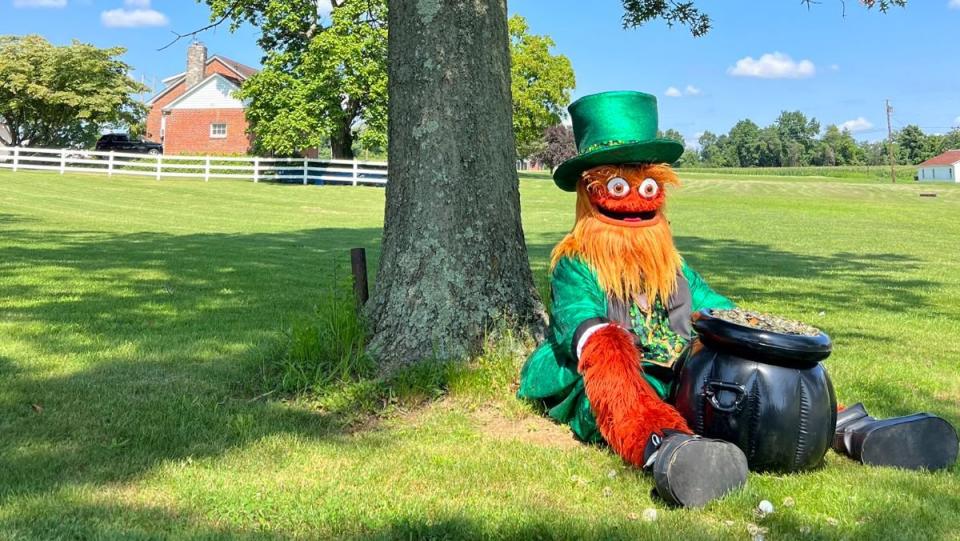 gritty in his wall calendar dressed as a leprechaun with a pot of gold 