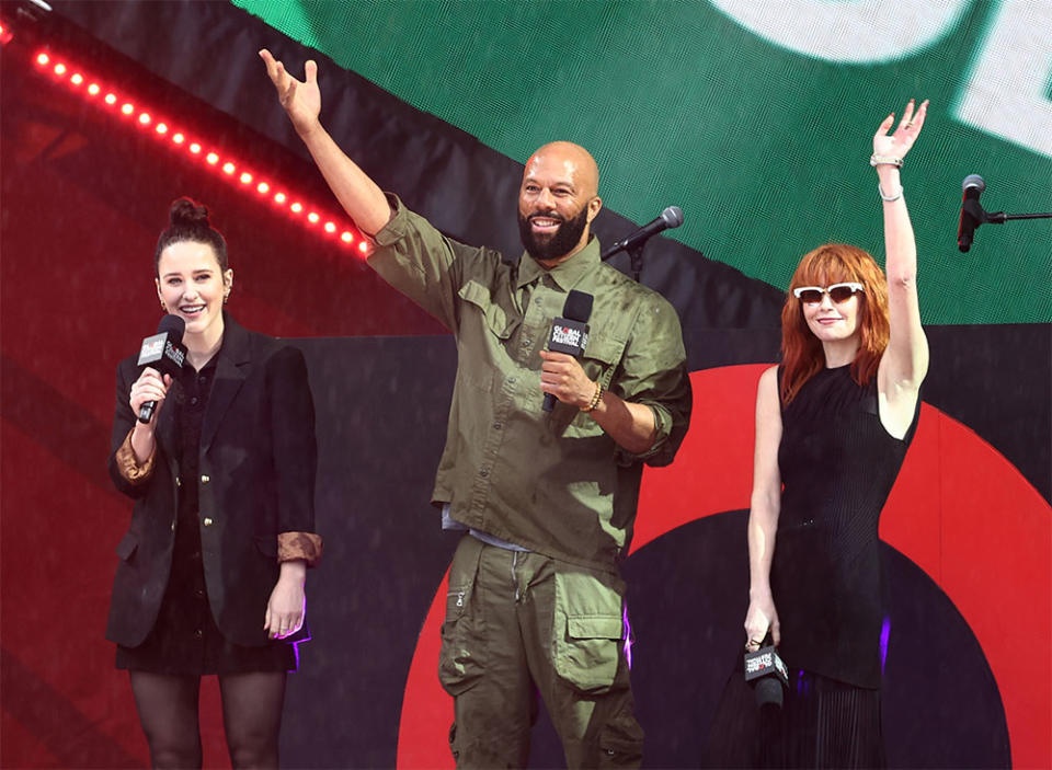 Rachel Brosnahan, Common and Natasha Lyonne speak onstage at the 2023 Global Citizen Concert at Central Park, Great Lawn on September 23, 2023 in New York City.