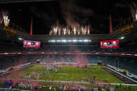 FILE - Alabama celebrates after their win against Ohio State in an NCAA College Football Playoff national championship game, Monday, Jan. 11, 2021, in Miami Gardens, Fla. Alabama won 52-24. Atlanta and South Florida have been selected to host College Football Playoff national championship games for the second time, the CFP announced Monday, Aug. 15, 2022 (AP Photo/Wilfredo Lee, File)