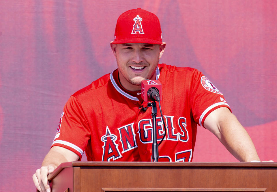 ANAHEIM, CA - MARCH 24: Mike Trout of the Los Angeles Angels speaks to a crowd about him staying with the Los Angeles Angels during a press conference outside Angel Stadium in Anaheim on Sunday, March 24, 2019. (Photo by Leonard Ortiz/MediaNews Group/Orange County Register via Getty Images)