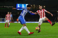 Soccer Football - Premier League - Brighton & Hove Albion vs Stoke City - The American Express Community Stadium, Brighton, Britain - November 20, 2017 Brighton’s Izzy Brown in action with Stoke City's Erik Pieters REUTERS/Hannah McKay