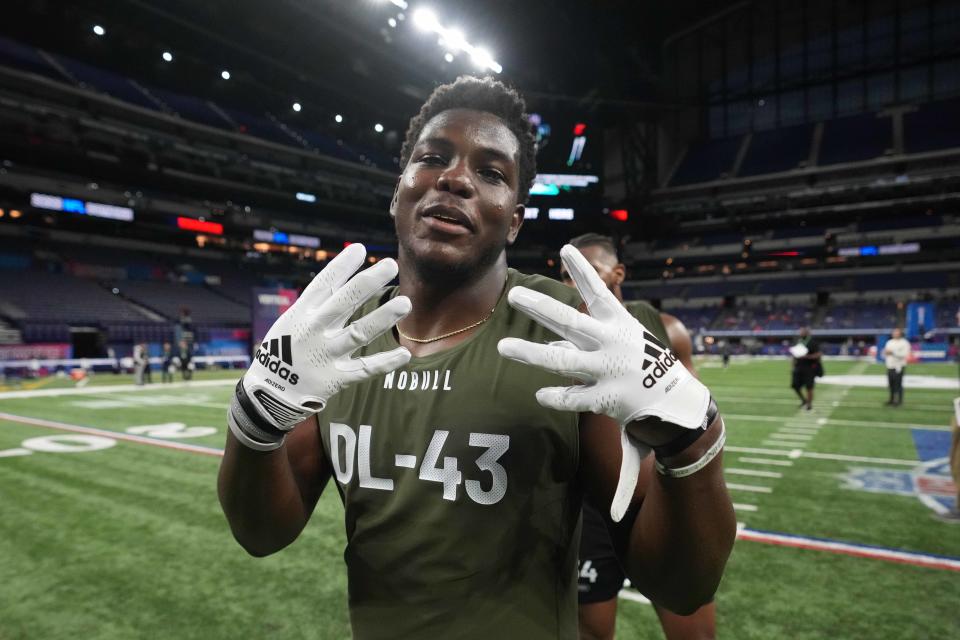 Eastern Michigan defensive lineman Jose Ramirez (DL43) gestures during the NFL combine at Lucas Oil Stadium on March 2, 2023.