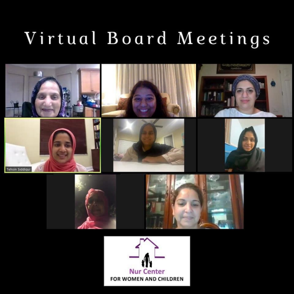 A virtual board meeting of the Nur Center, which helps women in South Florida rebuild their lives after domestic violence. The group is tailored to Muslim, South Asian and Arab women.