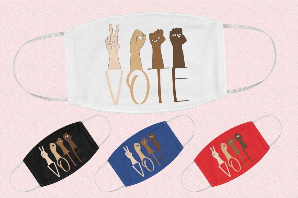 This cute mask features diverse hands spelling 'vote' in sign language.  <a href="https://fave.co/34iqXr6" target="_blank" rel="noopener noreferrer">Find it for $13 at Etsy</a>.