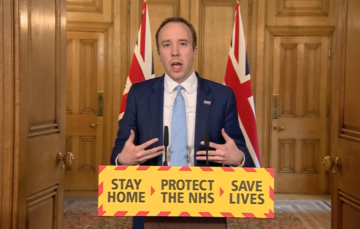 Screen grab of Health Secretary Matt Hancock who has tested positive for coronavirus, answering questions from the media via a video link during a media briefing in Downing Street, London, on coronavirus (COVID-19).