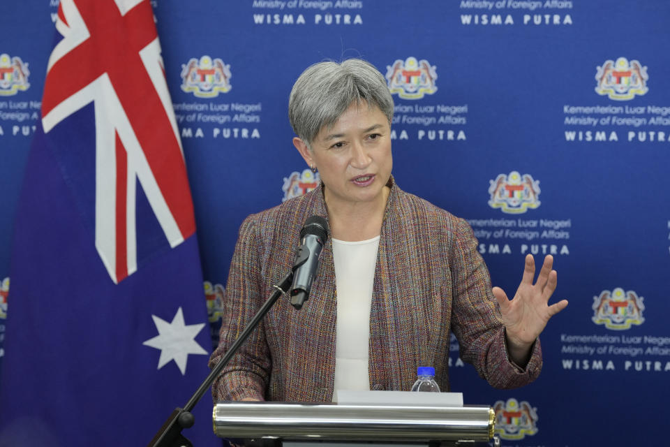 Australian Foreign Minister Penny Wong speaks during a press conference after meeting with Malaysian Foreign Minister Saifuddin Abdullah during her visit to Foreign Ministry in Putrajaya, Malaysia, Tuesday, June 28, 2022. (AP Photo/Vincent Thian)