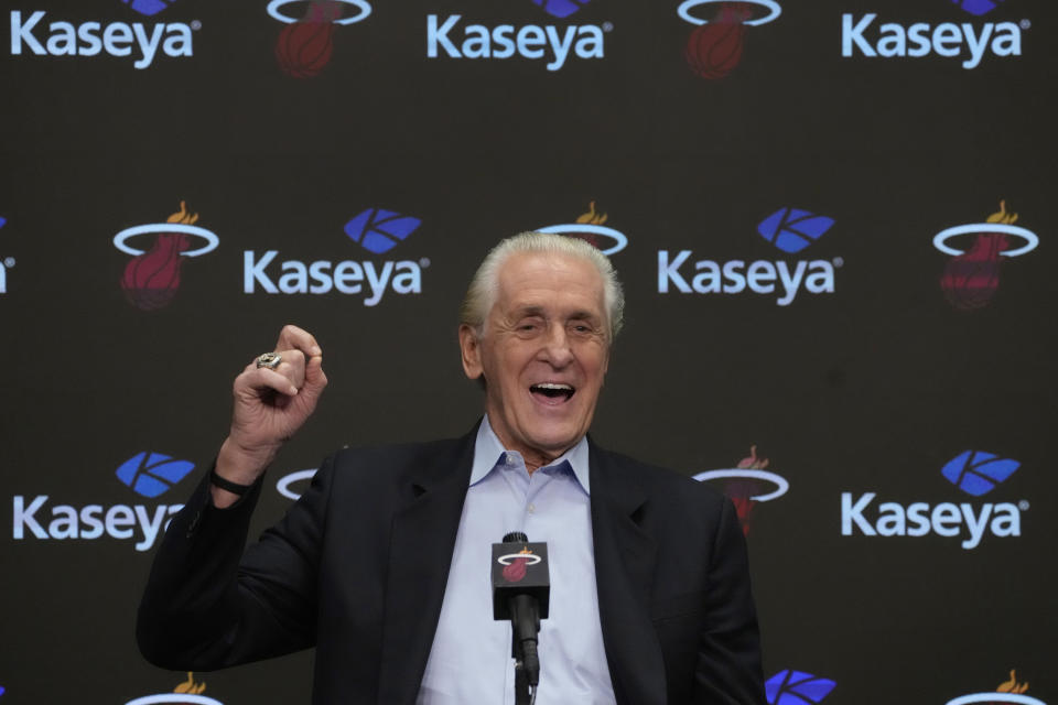 Miami Heat president Pat Riley laughs as he speaks during an end of season NBA basketball news conference, Tuesday, June 20, 2023, in Miami. (AP Photo/Wilfredo Lee)