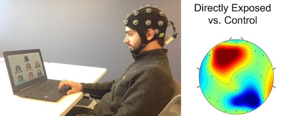 A wireless EEG cap records brain activity as a person responds to cognitive tests. The image on the right shows significant differences in electrical brain activity recorded on the scalp between people directly exposed to wildfires and a control group, with greater activity in left frontal cortex (red) for the group directly exposed. <a href="https://www.eurekalert.org/multimedia/970598" rel="nofollow noopener" target="_blank" data-ylk="slk:Grennan et al., 2022, PLOS Climate;elm:context_link;itc:0;sec:content-canvas" class="link ">Grennan et al., 2022, PLOS Climate</a>, <a href="http://creativecommons.org/licenses/by/4.0/" rel="nofollow noopener" target="_blank" data-ylk="slk:CC BY;elm:context_link;itc:0;sec:content-canvas" class="link ">CC BY</a>