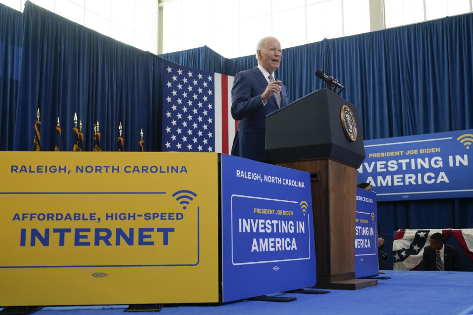 FILE - President Joe Biden speaks in Raleigh, N.C., Jan. 18, 2024. Twenty-three million families will either have to pay more for internet or cancel their subscriptions altogether if a federal subsidy program to help with the monthly bill runs out of money in April, 2024. The potential expiration of the program comes as Biden recently touted his administration's goal of internet for all in North Carolina, where more than 900,000 families receive the benefit. (AP Photo/Manuel Balce Ceneta, File)