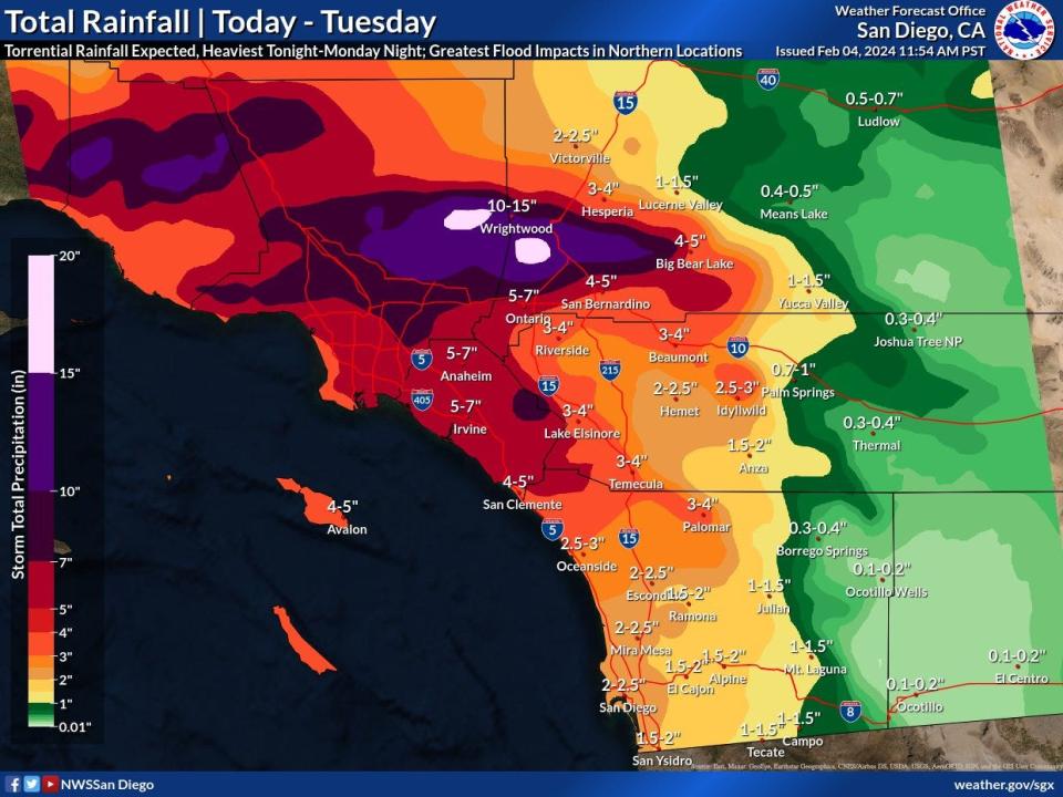 San Bernardino County officials late Sunday declared a state of emergency in anticipation of extreme rain and snow expected that night through Wednesday.