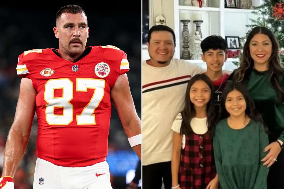 <p>Kevin Sabitus/Getty; gofundme</p> Travis Kelce and the Reyes Family