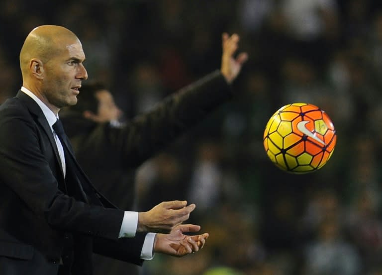 Real Madrid's head coach Zinedine Zidane, seen during their Spanish La Liga match against Real Betis, at the Benito Villamarin stadium in Sevilla, on January 24, 2016