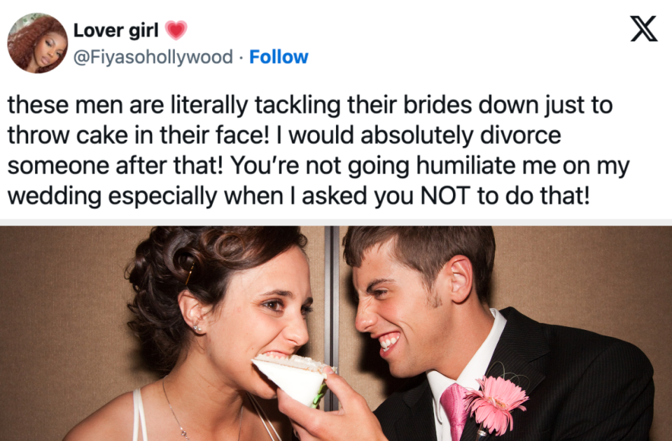 "these men are literally tackling their brides down just to throw cake in their face!" above an image of a groom feeding his bride a slice of cake