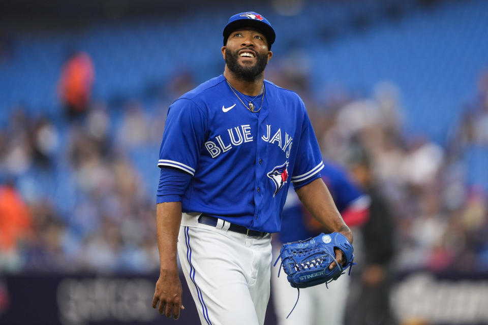 Toronto Blue Jays relief pitcher Jay Jackson looks toward the stands during second-inning baseball game action against the Houston Astros in Toronto, Ontario, Monday, June 5, 2023. (Andrew Lahodynskyj/The Canadian Press via AP)