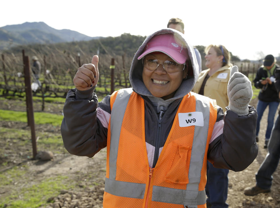 In this Thursday, Feb. 20, 2014 photo, Maria Romero smiles after performing well in the first-ever women's division of the annual Napa Valley Grapegrowers' pruning competition at Beringer Vineyards' Gamble Ranch in Yountville, Calif. (AP Photo/Eric Risberg)