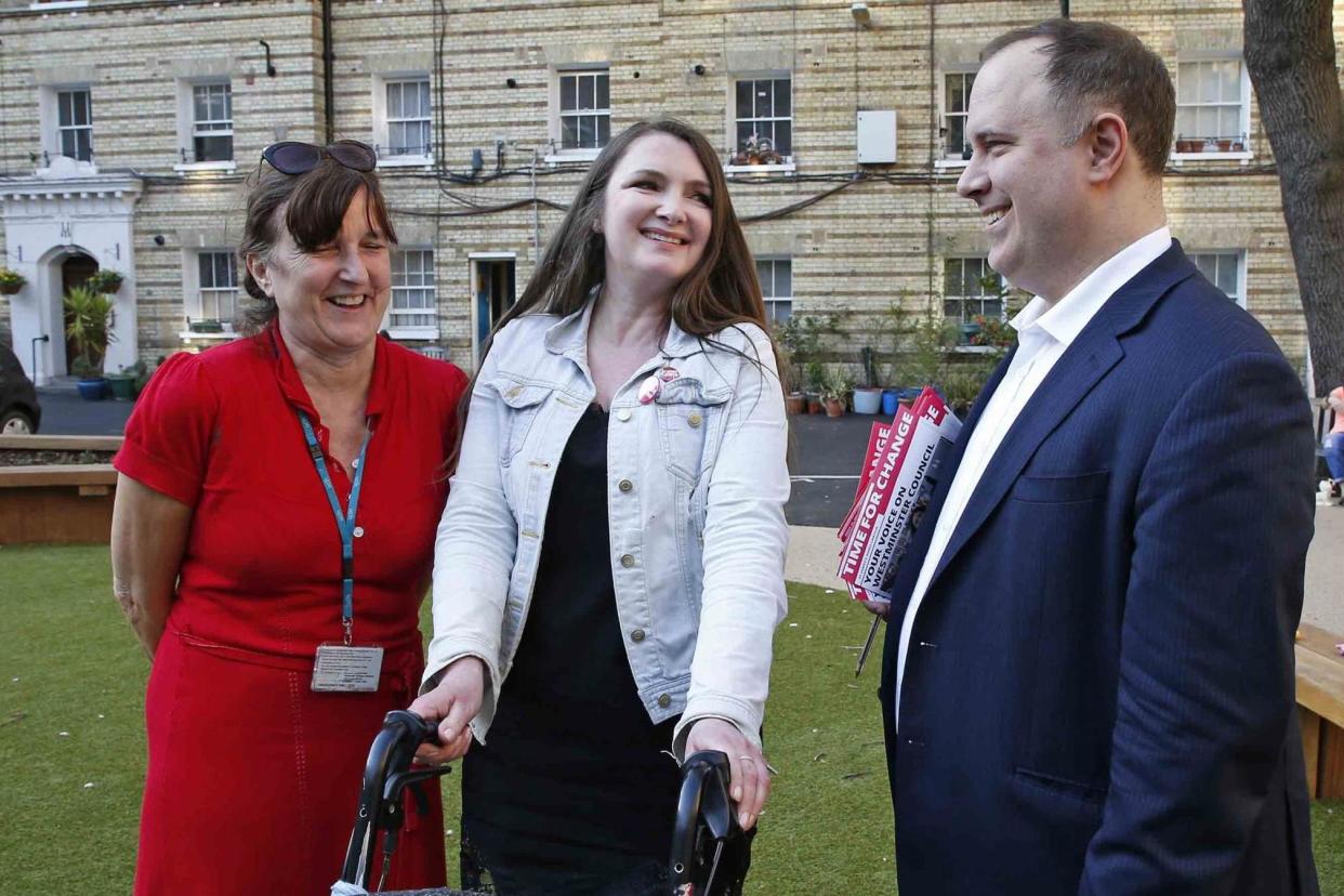 Canvassing: Labour chief Adam Hug and candidate Georgina Newson with voter Margaret Houston: Nigel Howard