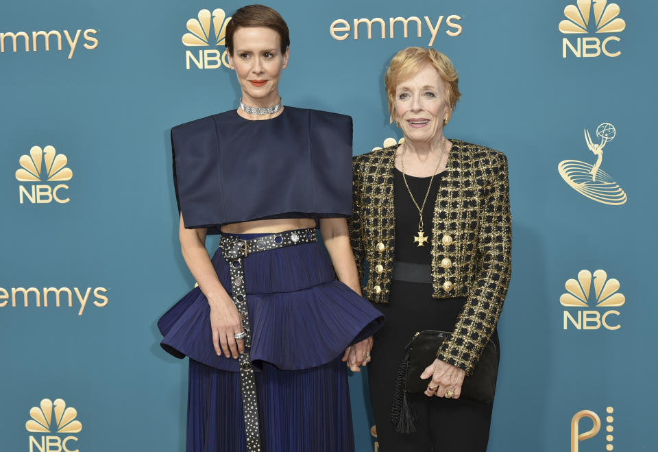 Sarah Paulson, left, and Holland Taylor arrive at the 74th Primetime Emmy Awards on Monday, Sept. 12, 2022, at the Microsoft Theater in Los Angeles. (Photo by Richard Shotwell/Invision/AP)