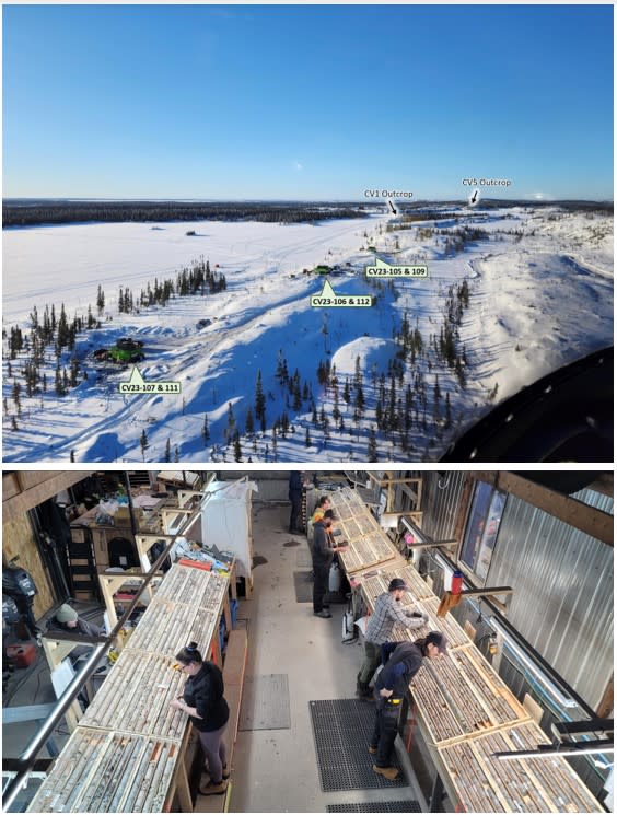 Aerial view of several 2023 drill hole collars (Top); spodumene pegmatite core from 2023 drill campaign being processed at Project (Bottom)