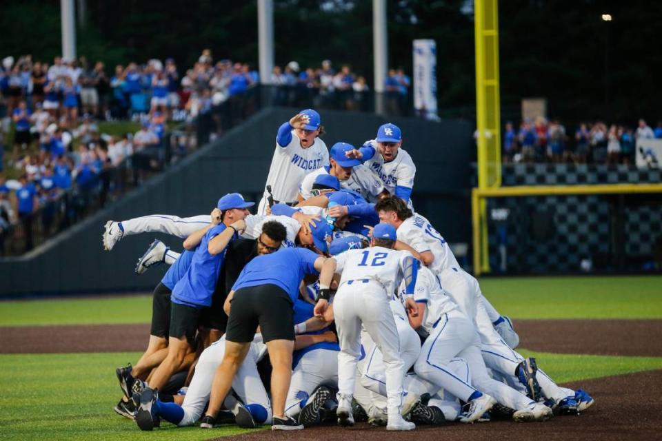 Kentucky celebrates after defeating Indiana at Kentucky Proud Park in Lexington last season to win its NCAA Tournament regional and earn a berth in the super-regional round. The Wildcats open the 2024 season on Feb. 16.