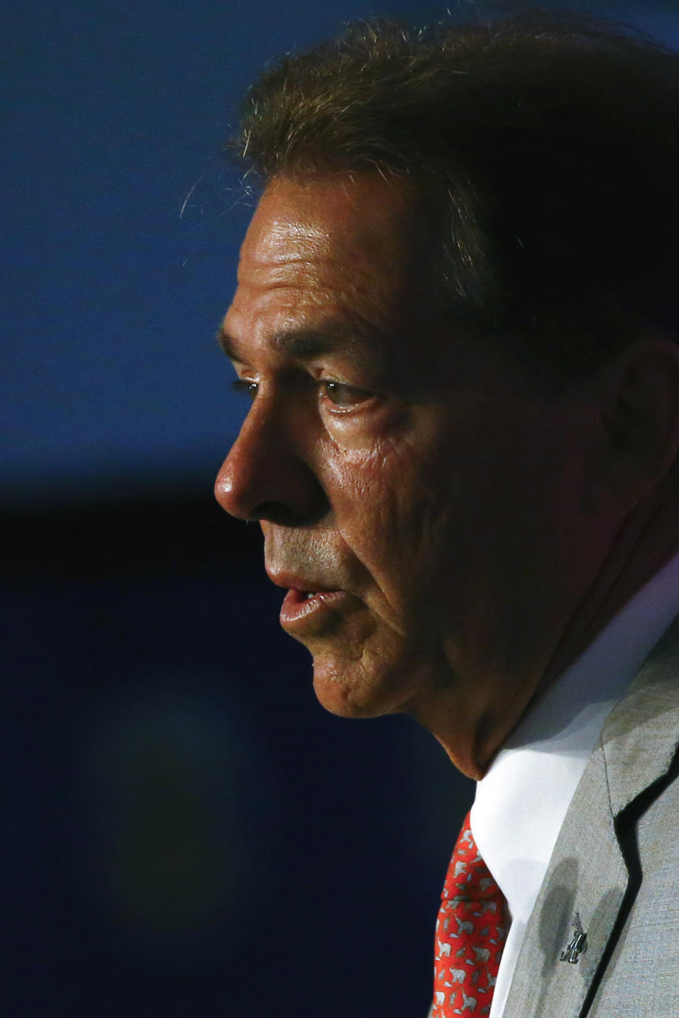 Alabama head coach Nick Saban speaks during the NCAA college football Southeastern Conference Media Days, Wednesday, July 17, 2019, in Hoover, Ala. (AP Photo/Butch Dill)