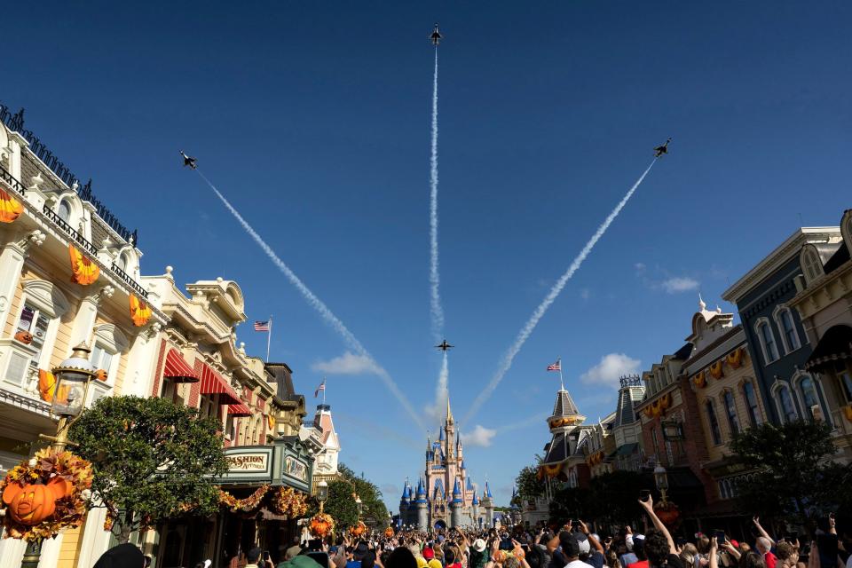 As part of Disney’s enduring respect for those who serve in the military and their families, Walt Disney World Resort hosted the U.S. Air Force Thunderbirds for a flyover of Magic Kingdom Park and EPCOT on Oct. 30, 2023. The event marks the arrival of National Veterans and Military Families Month in November.  (Kent Phillips, Photographer)