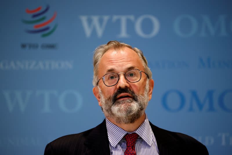 Keith Rockwell, Director of Information of the WTO talks to the media after a meeting in Geneva