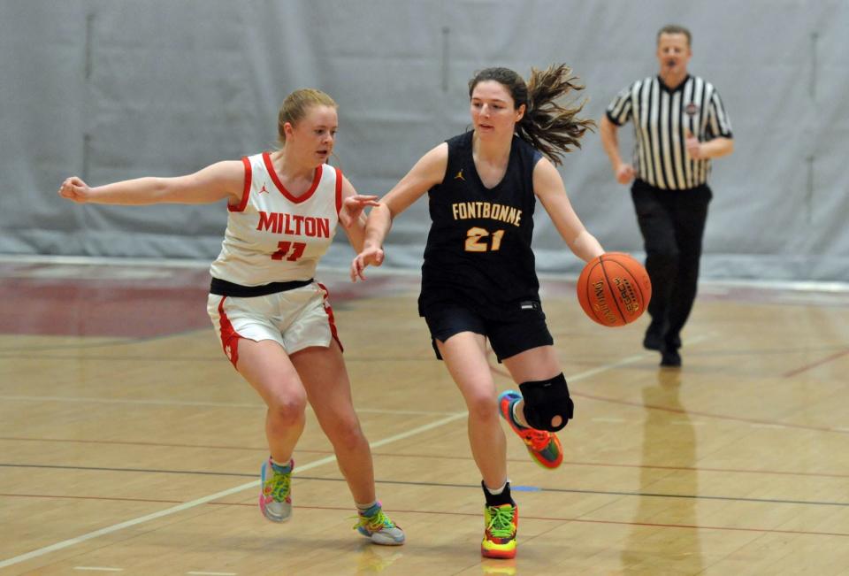 Fontbonne Academy's Jessica Laflamme, right, fends off Milton defender Christina McA'Nulty, left, during girls basketball action at Milton High School, Thursday, Jan. 12, 2023.