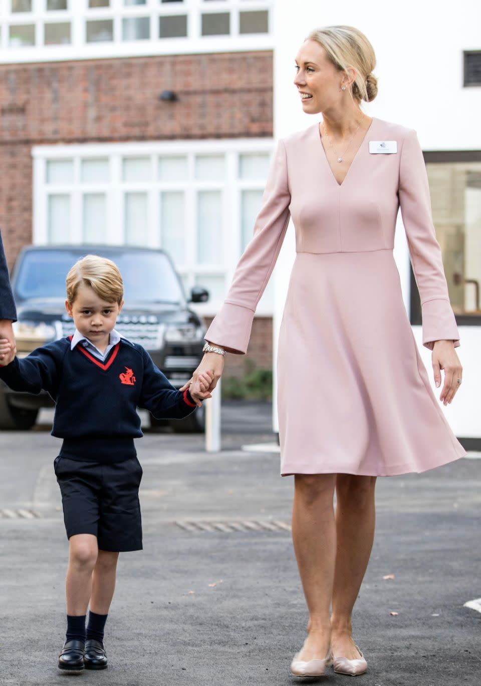 Prince George was greeted by Helen Haslem, the head of the Lower School at Thomas’s Battersea. <em>(Photo: Getty)</em>