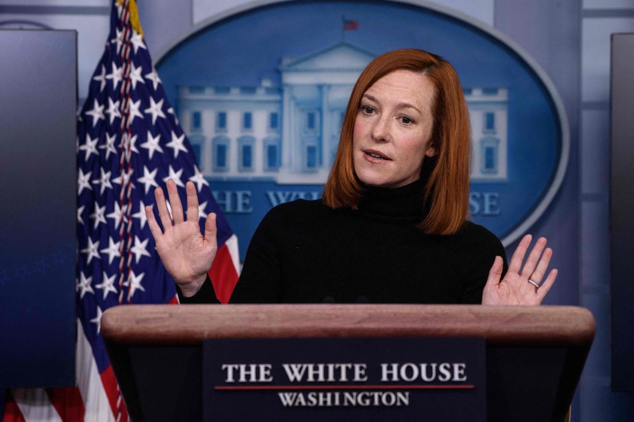 <p>White House Press Secretary Jen Psaki speaks during a news briefing at the James Brady Press Briefing Room of the White House February 16, 2021 in Washington, DC. </p> (AFP via Getty Images)